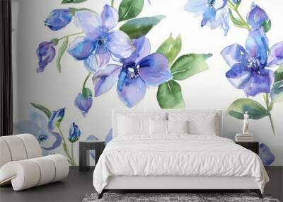 a smooth design of many blue delphiniums with stem on a white background  Wall mural